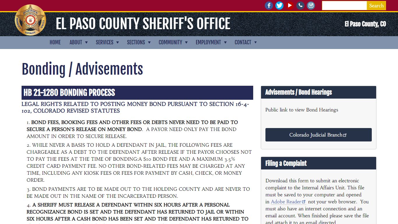 Bonding / Advisements | El Paso County Sheriff